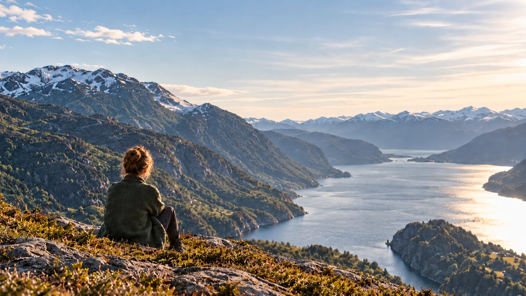 En kvinne sett bakfra sitter på en bergkant og ser utover et fjellvann i varmt dagslys.