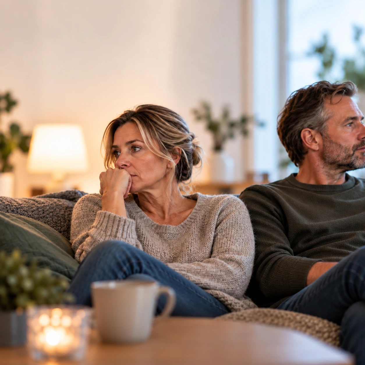 En kvinne og en mann sitter i en sofa og ser hver sin vei. Kvinnen hviler hånden ved munnen.