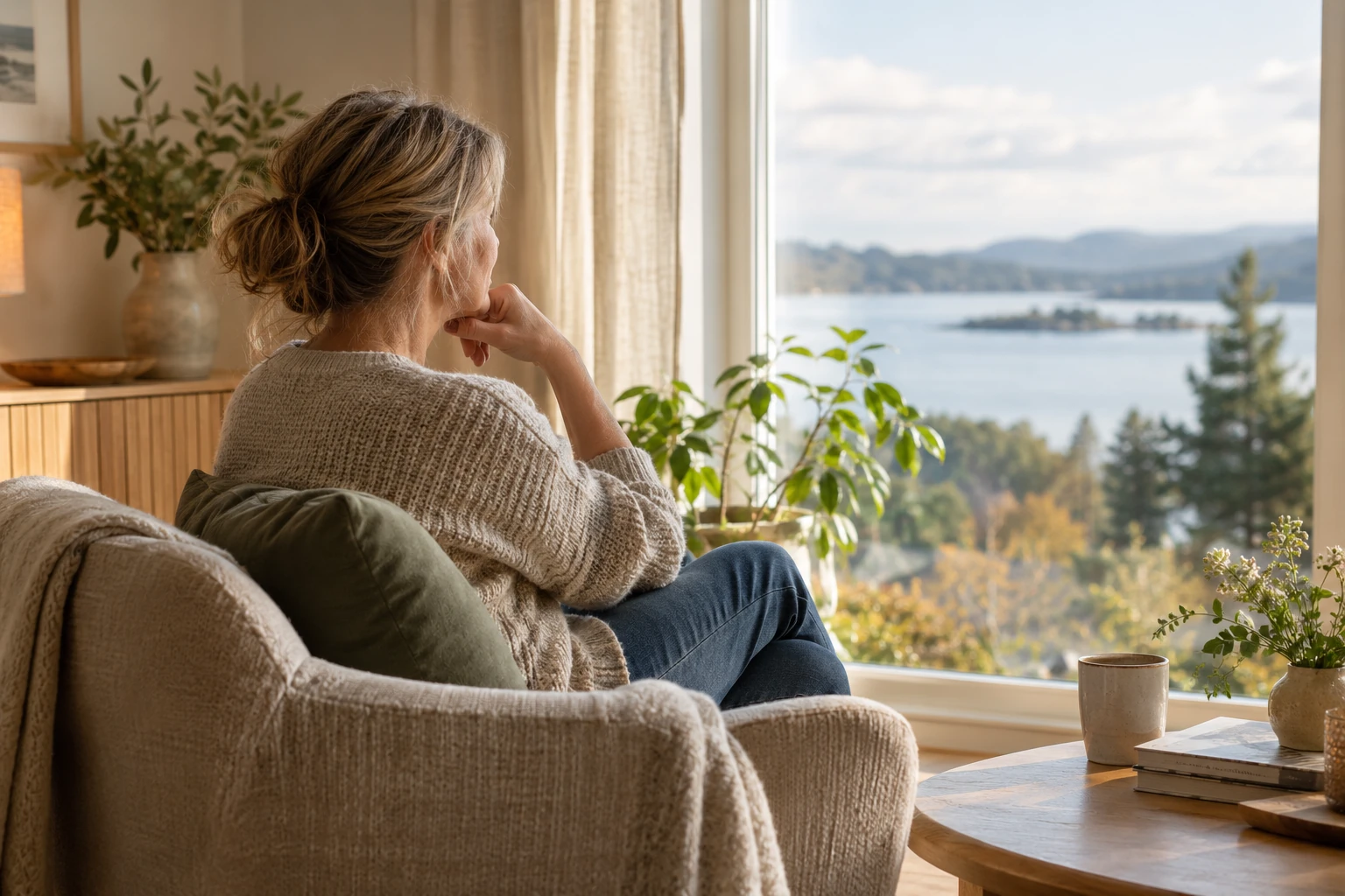 En kvinne sitter ved et vindu i et varmt rom og ser ettertenksomt ut.