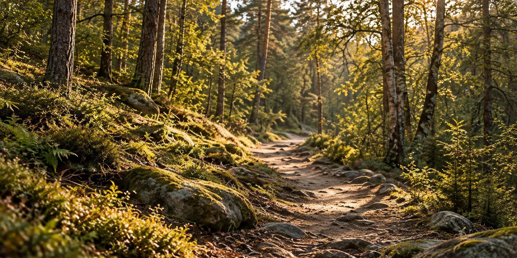 En stille skogsti mellom trær, mose og steiner i varmt, dempet dagslys.